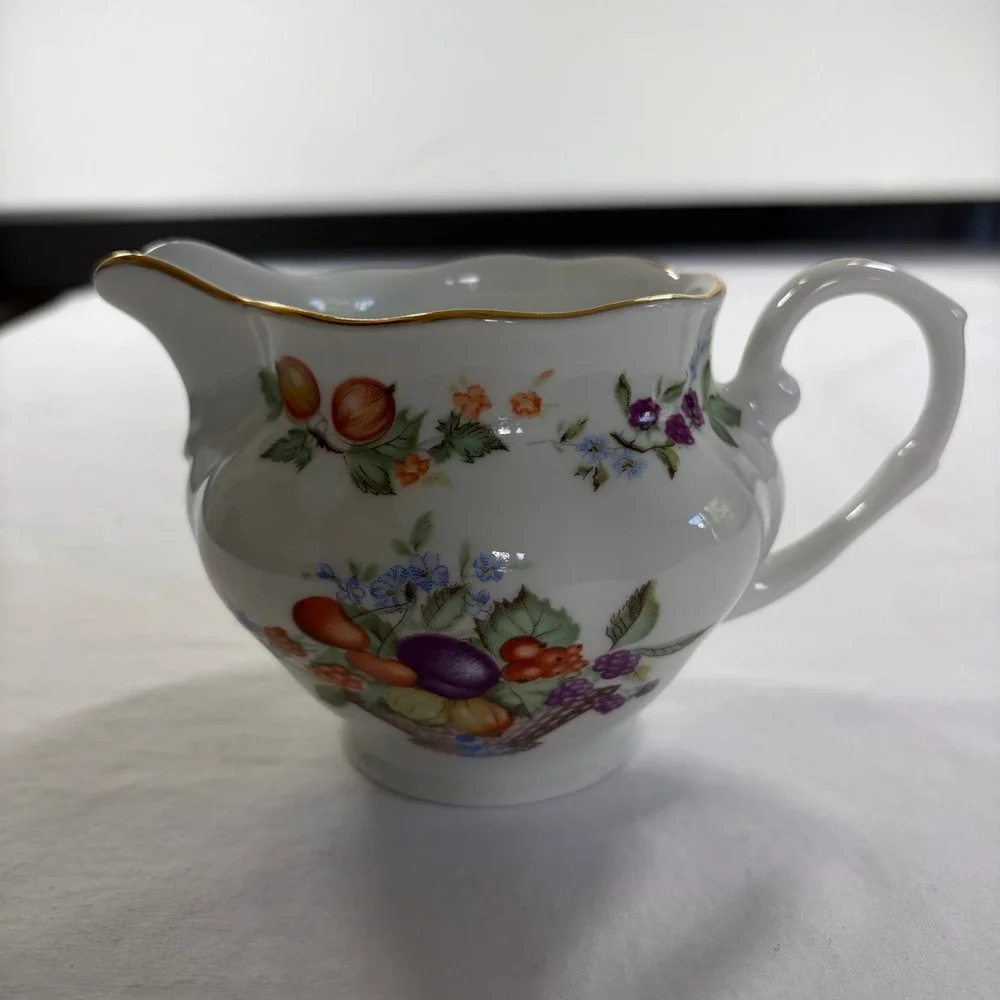 Karolina Poland Porcelain Sugar Bowl and Creamer Set Fruit Floral Gold Trim